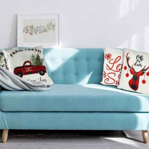 4 Farmhouse Christmas Throw Pillow Covers 18"x18" Linen Let It Snow Farm Fresh - Picture 6 of 11